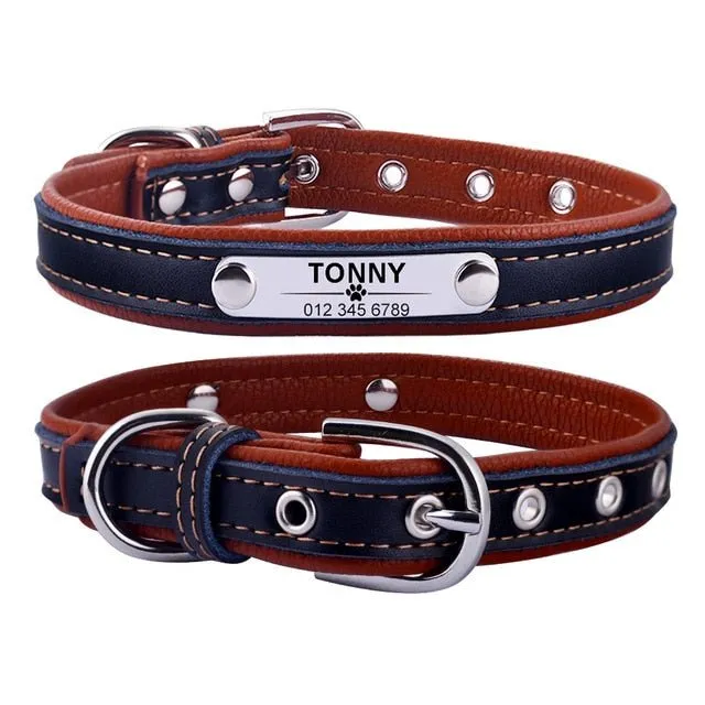 AiruiDog Adjustable Leather Padded Personalized Dog Collars with Engraved Nameplates