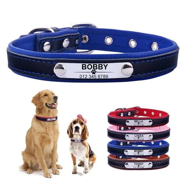 AiruiDog Adjustable Leather Padded Personalized Dog Collars with Engraved Nameplates