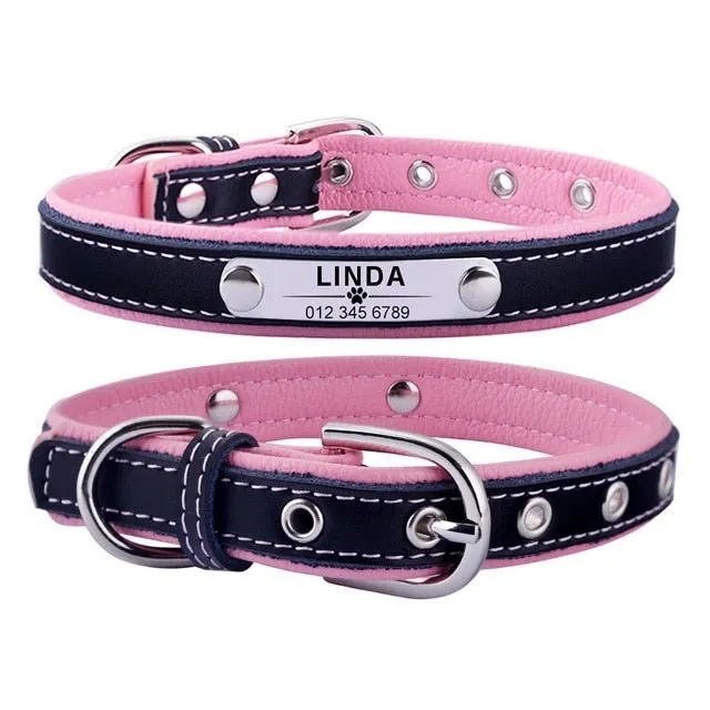 AiruiDog Adjustable Leather Padded Personalized Dog Collars with Engraved Nameplates