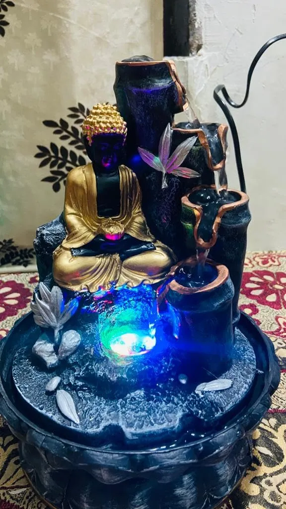 Ativan decor Polyresin Table Top Indoor Outdoor Water Fountain with LED Lights for Home Decor Decoration Showpiece Gift Gifting Items Buddha Fountain