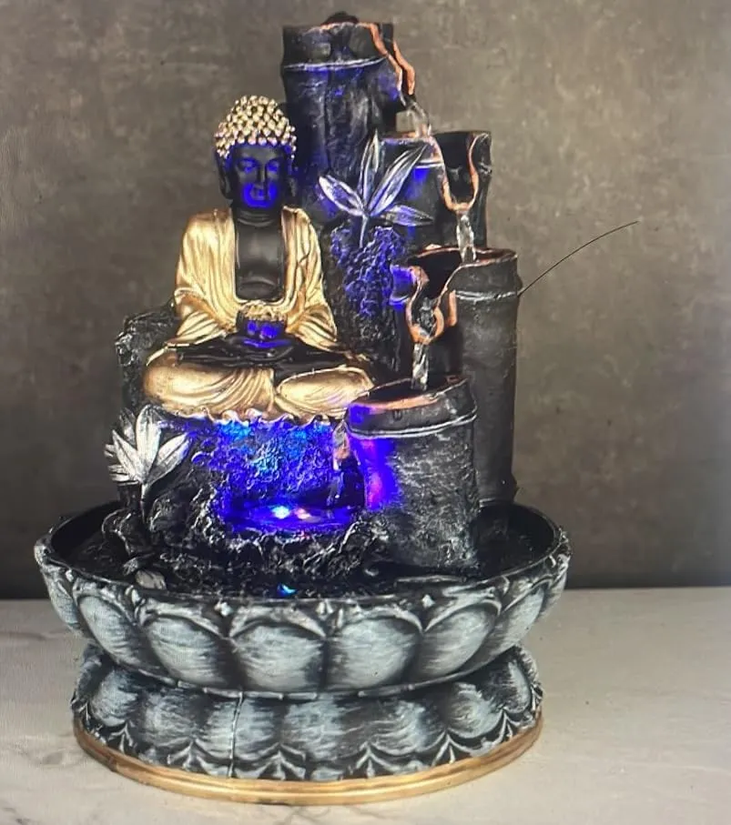 Ativan decor Polyresin Table Top Indoor Outdoor Water Fountain with LED Lights for Home Decor Decoration Showpiece Gift Gifting Items Buddha Fountain