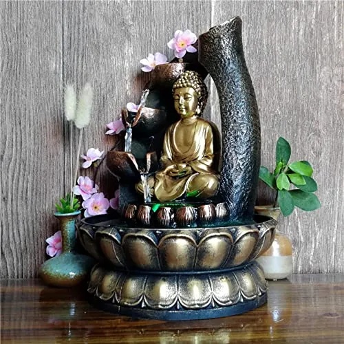 ATORSE® Buddha Tabletop Water Fountain for Home Office Decor Decorative with Led