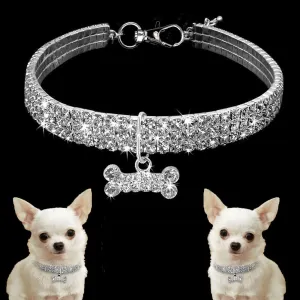 Bling Pet Dog Collar with Bone Pendant, For Small Medium Dogs