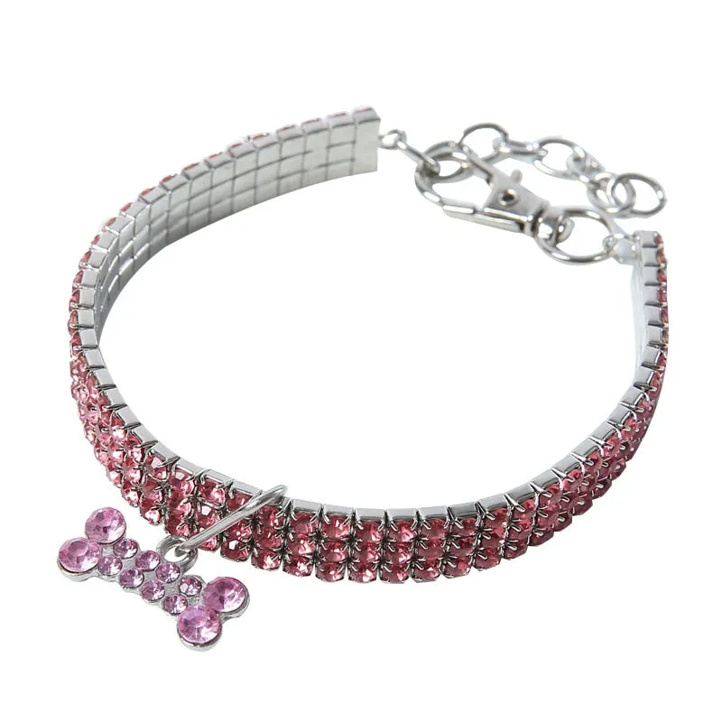 Bling Pet Dog Collar with Bone Pendant, For Small Medium Dogs