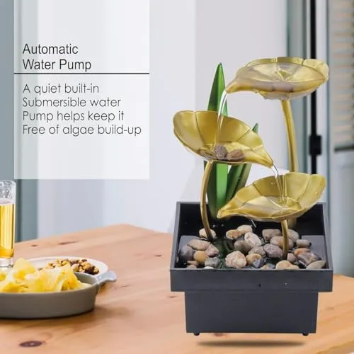 LIMPUS Tabletop Fountains Metal Water Home Decor Ornaments with Desktop Leaf Deep Basin & Natural River Rocks Indoor Zen for Decor Office Living Room Bedroom