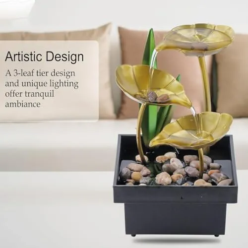 LIMPUS Tabletop Fountains Metal Water Home Decor Ornaments with Desktop Leaf Deep Basin & Natural River Rocks Indoor Zen for Decor Office Living Room Bedroom