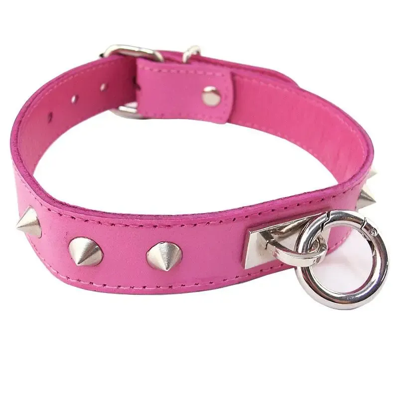 Rouge Garments Pink Leather O-ring Studded Collar