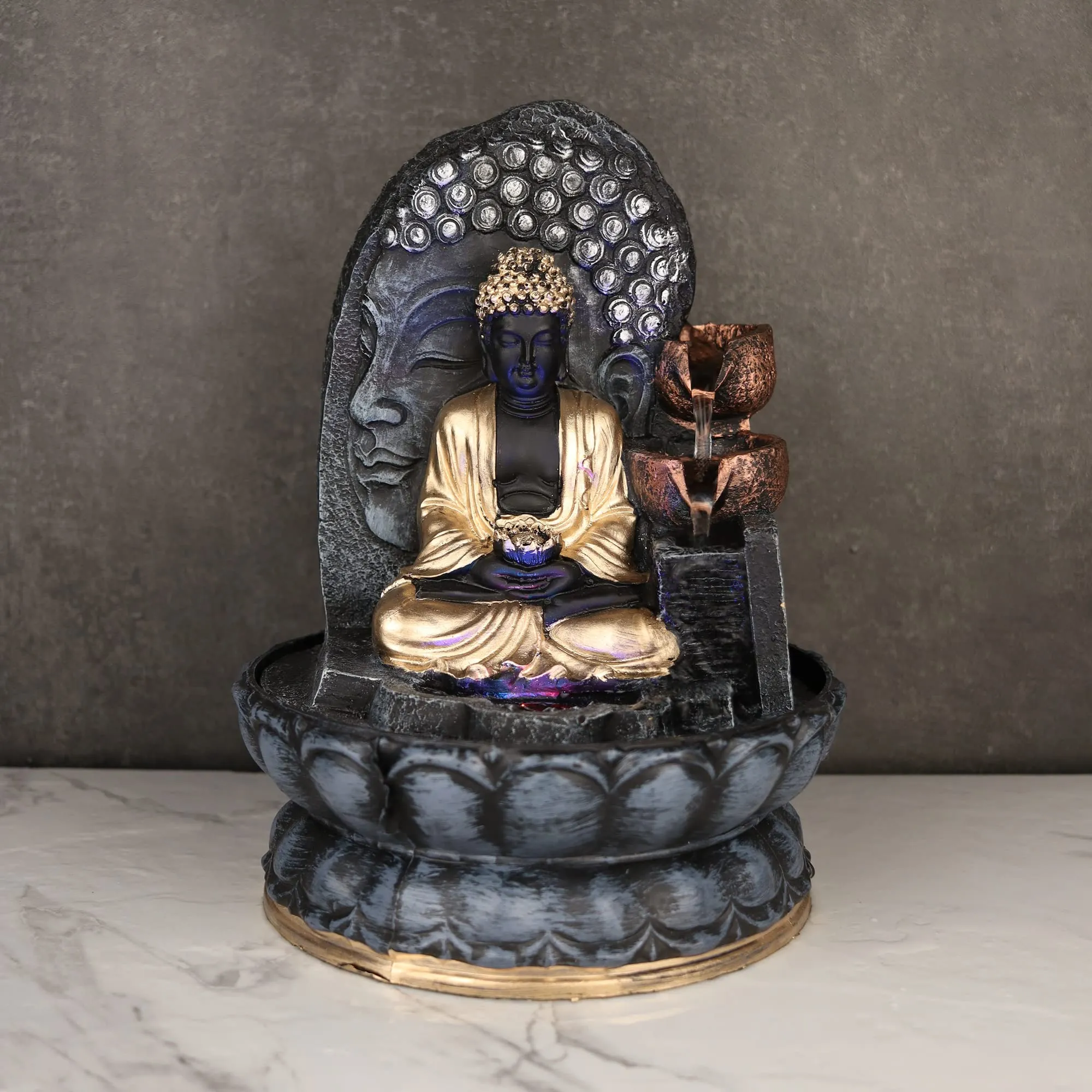 VIVARS Indoor Fountain Buddha with LED Light Indoor Water Features 17.78 * 21 * 25.5CM Desktop Fengshui Meditation Zen Fountain for Relaxing Indoor Decoration