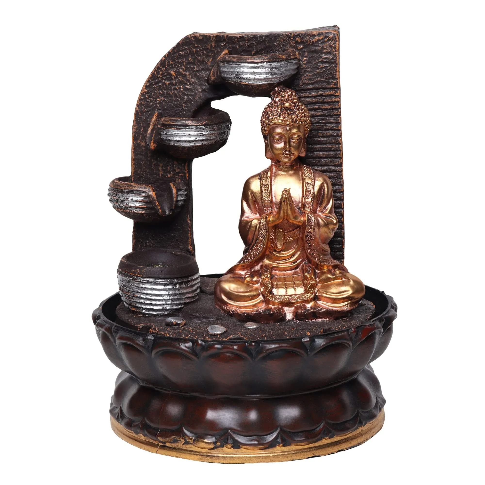 VIVARS Lord Buddha Ji Tabletop Waterfall Fountain Meditation 4 Tier Relaxing Indoor Decoration, Lord Budha Ji Waterfall Kit with LED Light for Home Office Decor Golden-Brown