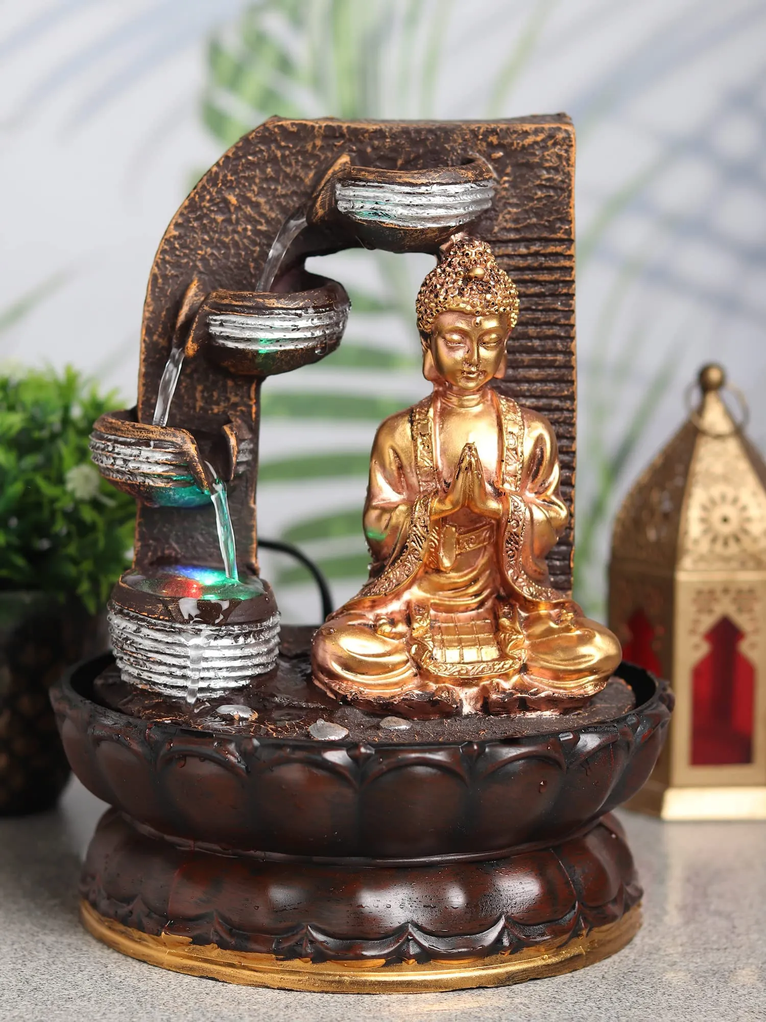 VIVARS Lord Buddha Ji Tabletop Waterfall Fountain Meditation 4 Tier Relaxing Indoor Decoration, Lord Budha Ji Waterfall Kit with LED Light for Home Office Decor Golden-Brown