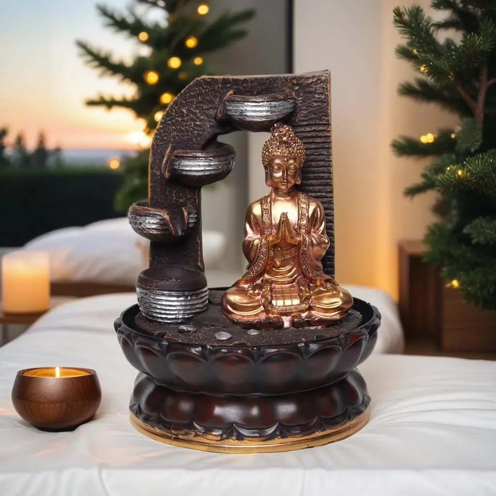 VIVARS Lord Buddha Ji Tabletop Waterfall Fountain Meditation 4 Tier Relaxing Indoor Decoration, Lord Budha Ji Waterfall Kit with LED Light for Home Office Decor Golden-Brown