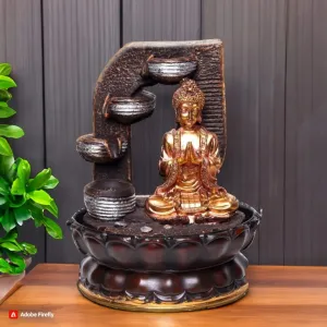 VIVARS Lord Buddha Ji Tabletop Waterfall Fountain Meditation 4 Tier Relaxing Indoor Decoration, Lord Budha Ji Waterfall Kit with LED Light for Home Office Decor Golden-Brown