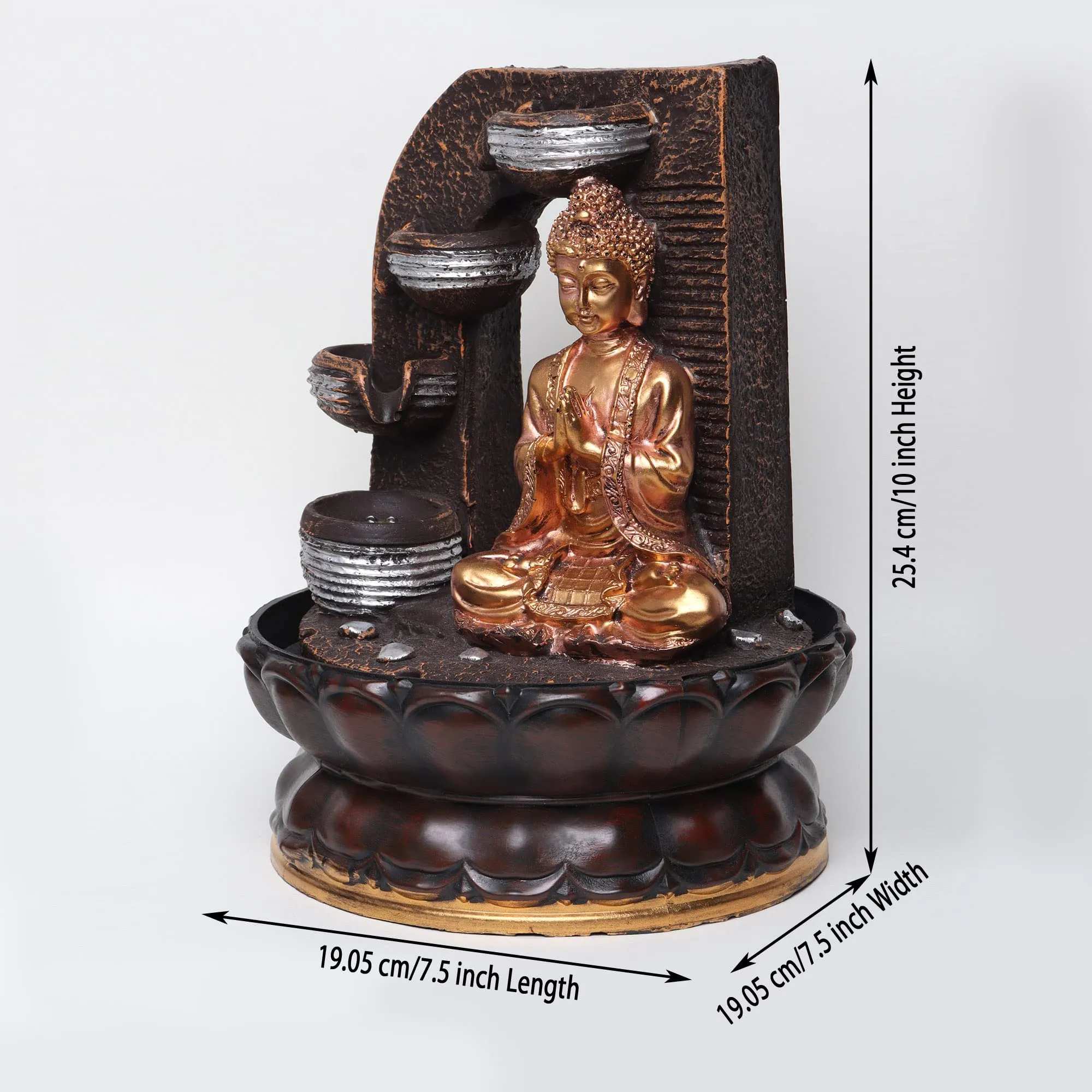 VIVARS Lord Buddha Ji Tabletop Waterfall Fountain Meditation 4 Tier Relaxing Indoor Decoration, Lord Budha Ji Waterfall Kit with LED Light for Home Office Decor Golden-Brown