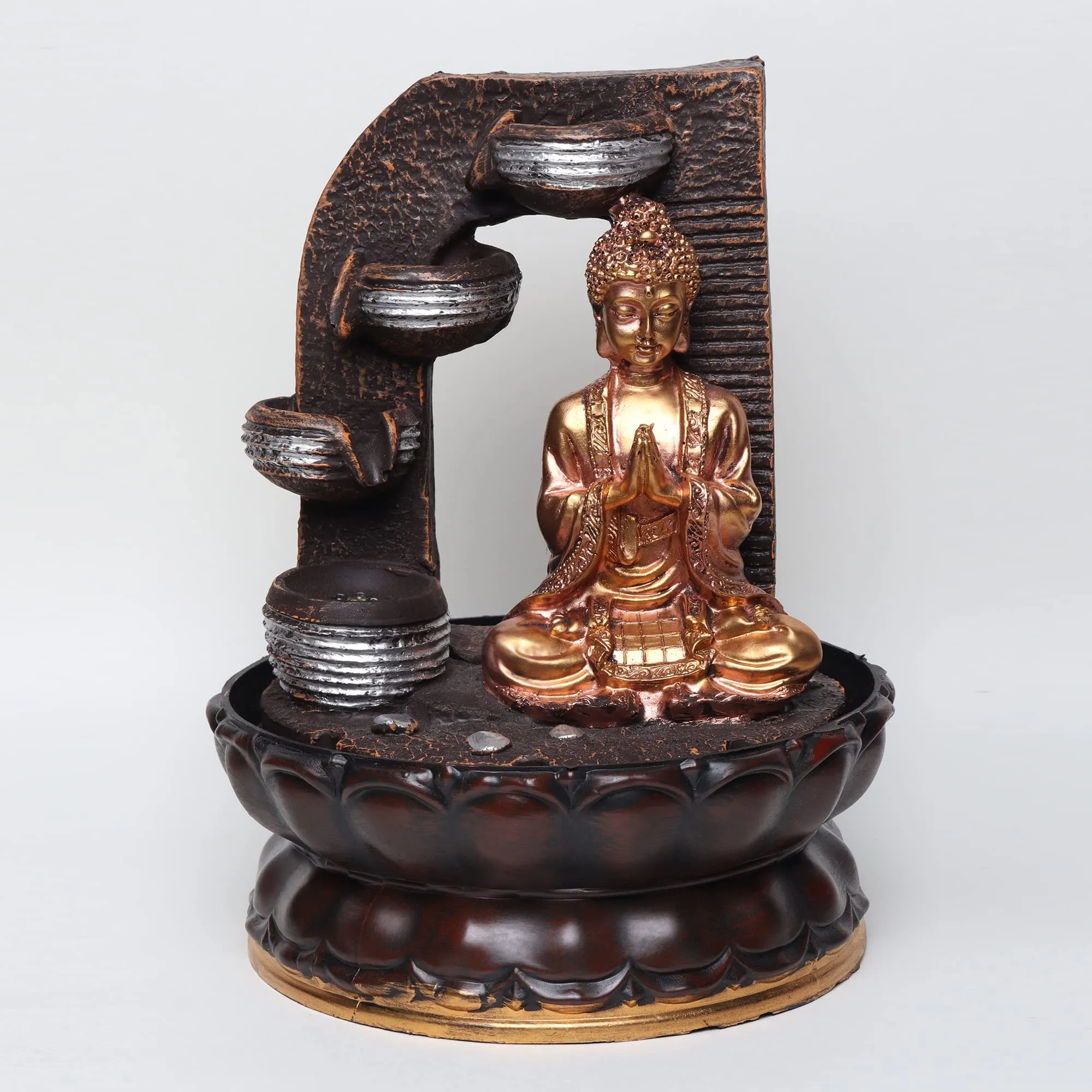 VIVARS Lord Buddha Ji Tabletop Waterfall Fountain Meditation 4 Tier Relaxing Indoor Decoration, Lord Budha Ji Waterfall Kit with LED Light for Home Office Decor Golden-Brown