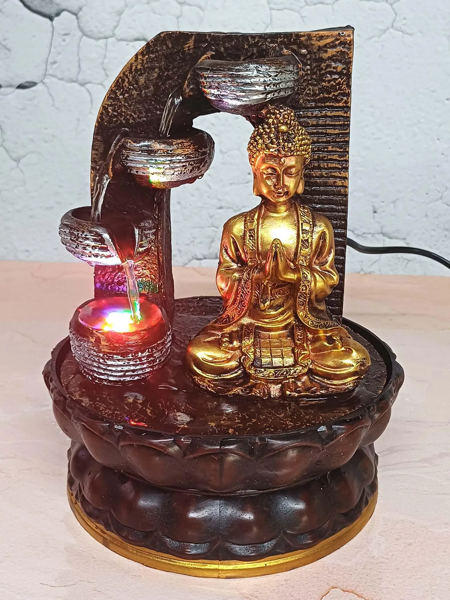 VIVARS Lord Buddha Ji Tabletop Waterfall Fountain Meditation 4 Tier Relaxing Indoor Decoration, Lord Budha Ji Waterfall Kit with LED Light for Home Office Decor Golden-Brown