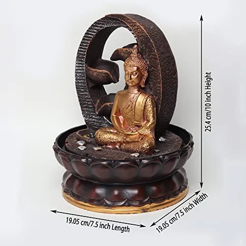 VIVARS Lord Buddha Tabletop Waterfall Fountain Meditation 4 Tier Relaxing Indoor Decoration Lord Budha Ji Waterfall Kit with LED Light for Home Office Decor Golden-Brown