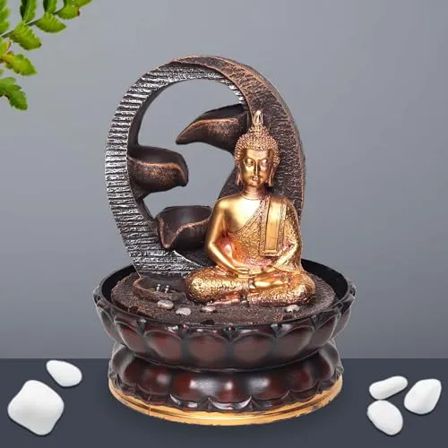 VIVARS Lord Buddha Tabletop Waterfall Fountain Meditation 4 Tier Relaxing Indoor Decoration Lord Budha Ji Waterfall Kit with LED Light for Home Office Decor Golden-Brown