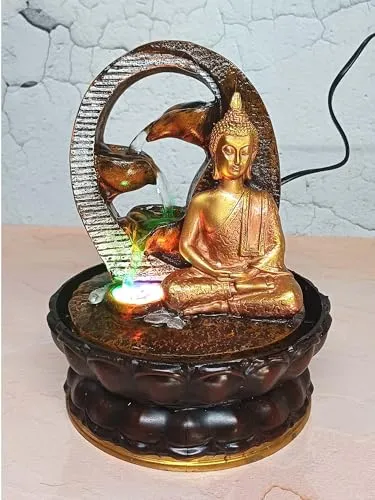 VIVARS Lord Buddha Tabletop Waterfall Fountain Meditation 4 Tier Relaxing Indoor Decoration Lord Budha Ji Waterfall Kit with LED Light for Home Office Decor Golden-Brown