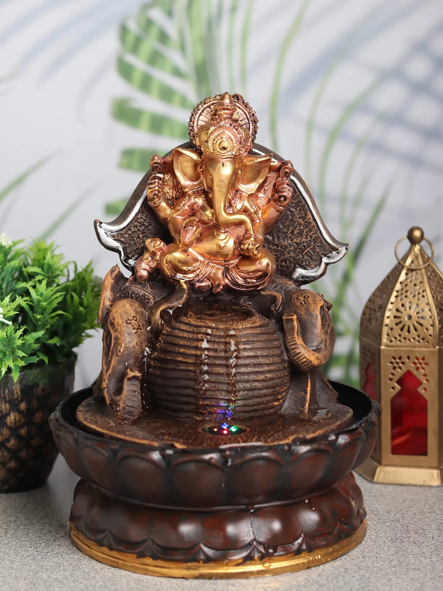 VIVARS Lord Ganesha Ji Tabletop Water Fountain, Environmental Resin Round Shape Fountain, Desktop Fountain, Indoor Waterfall Feature with Light for Home Office Decor Relaxation