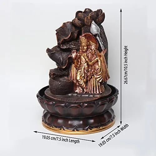 VIVARS Lord Radha-Krishna Ji Tabletop Waterfall Fountain Indoor Decoration, Lord Radha-Krishna Ji Waterfall Kit with Led Light for Home Office Decor Golden-Brown