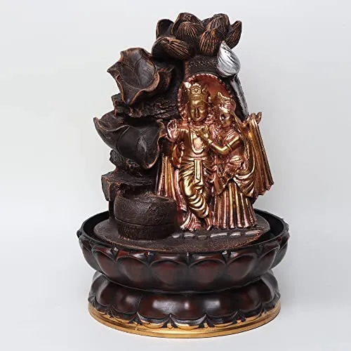 VIVARS Lord Radha-Krishna Ji Tabletop Waterfall Fountain Indoor Decoration, Lord Radha-Krishna Ji Waterfall Kit with Led Light for Home Office Decor Golden-Brown