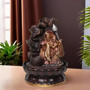 VIVARS Lord Radha-Krishna Ji Tabletop Waterfall Fountain Indoor Decoration, Lord Radha-Krishna Ji Waterfall Kit with Led Light for Home Office Decor Golden-Brown