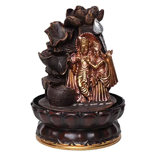 VIVARS Lord Radha-Krishna Ji Tabletop Waterfall Fountain Indoor Decoration, Lord Radha-Krishna Ji Waterfall Kit with Led Light for Home Office Decor Golden-Brown