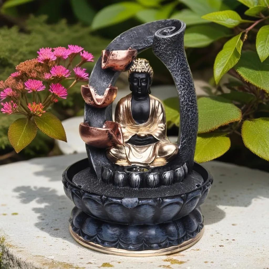 VIVARS Resin Buddha Water Fountain with Led Light 3-Tier Indoor Water Fountain for Home Decor Decoration Showpiece