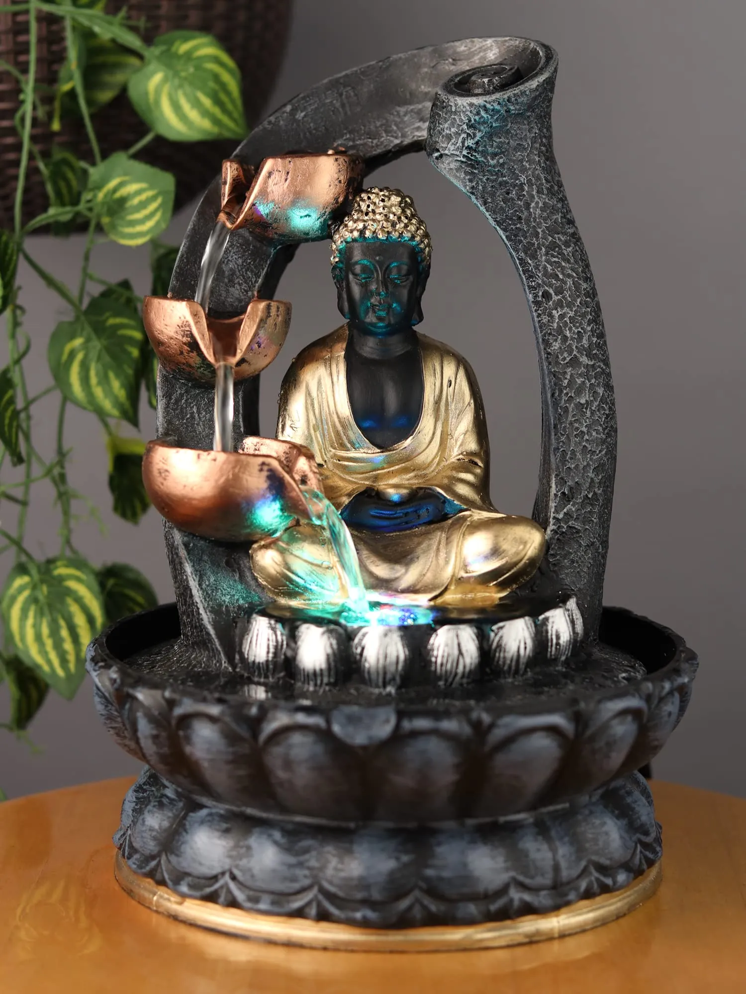 VIVARS Resin Buddha Water Fountain with Led Light 3-Tier Indoor Water Fountain for Home Decor Decoration Showpiece