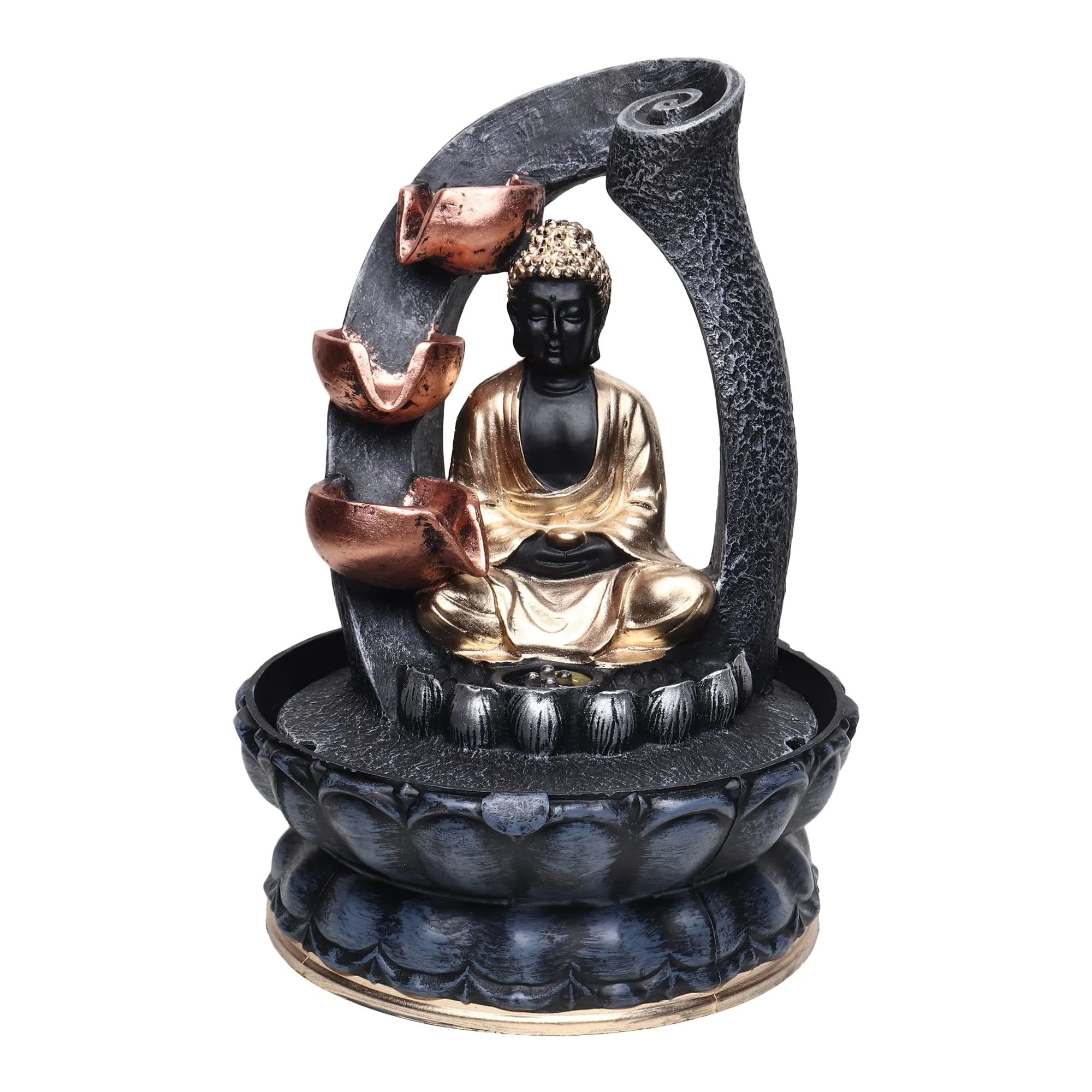 VIVARS Resin Buddha Water Fountain with Led Light 3-Tier Indoor Water Fountain for Home Decor Decoration Showpiece