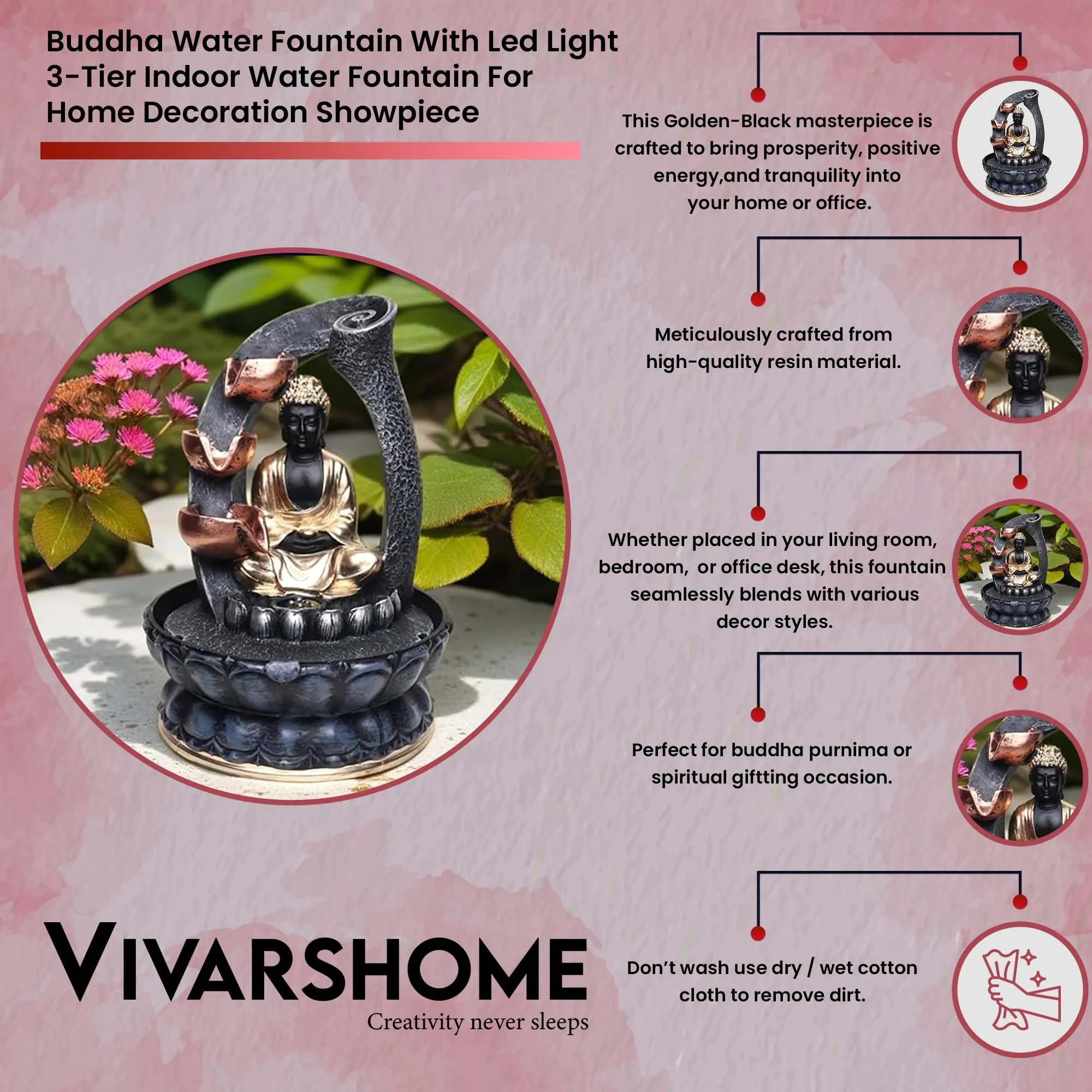 VIVARS Resin Buddha Water Fountain with Led Light 3-Tier Indoor Water Fountain for Home Decor Decoration Showpiece