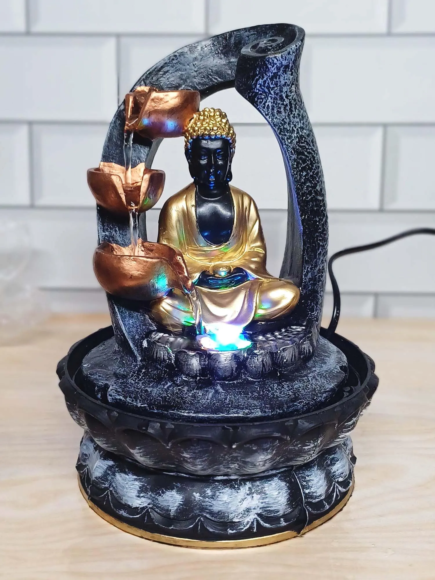 VIVARS Resin Buddha Water Fountain with Led Light 3-Tier Indoor Water Fountain for Home Decor Decoration Showpiece