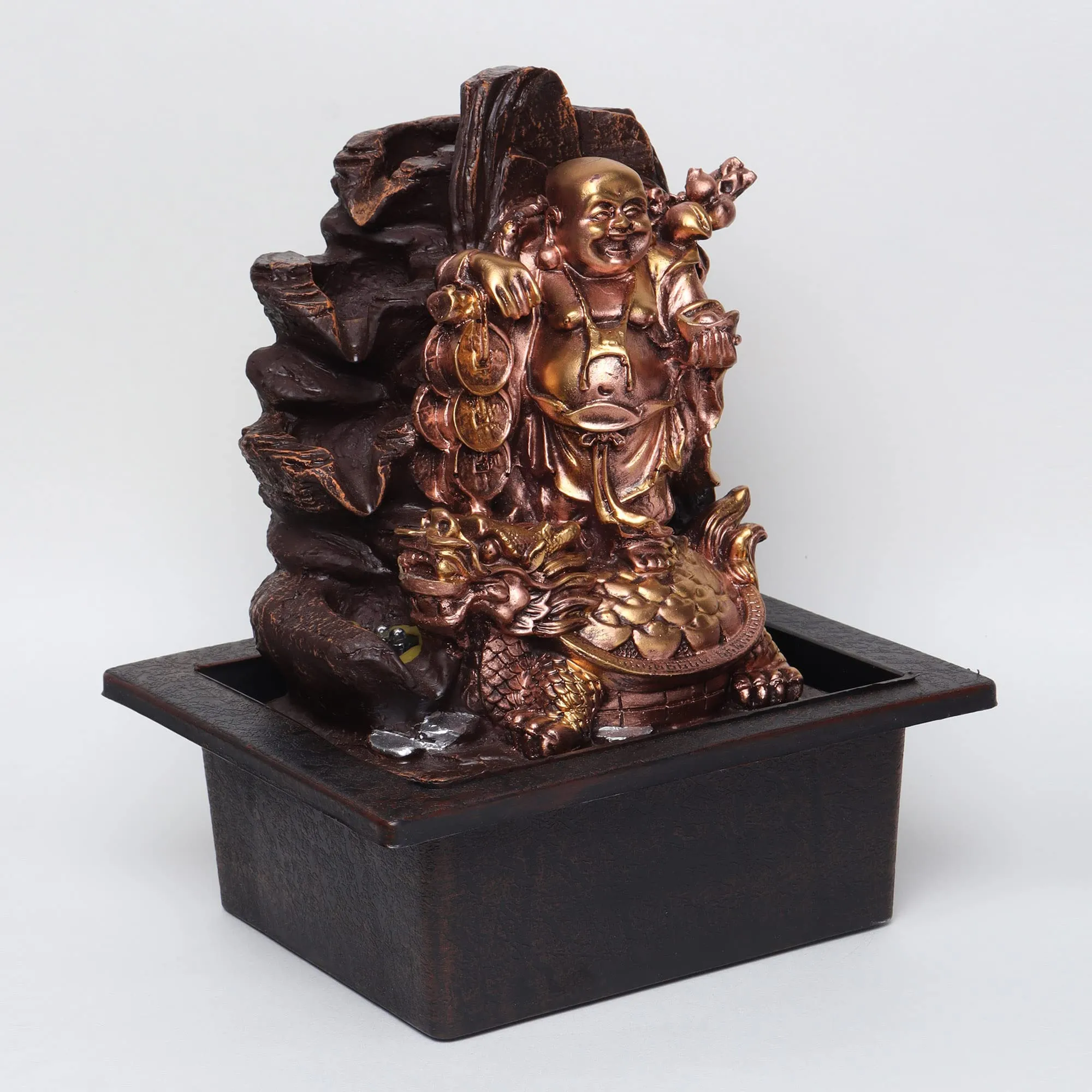 VIVARS Resin Laughing Buddha With Coins And Money Bag Tabletop Waterfall Fountain With Led Light For Indoor Home Office Decor Golden-Brown