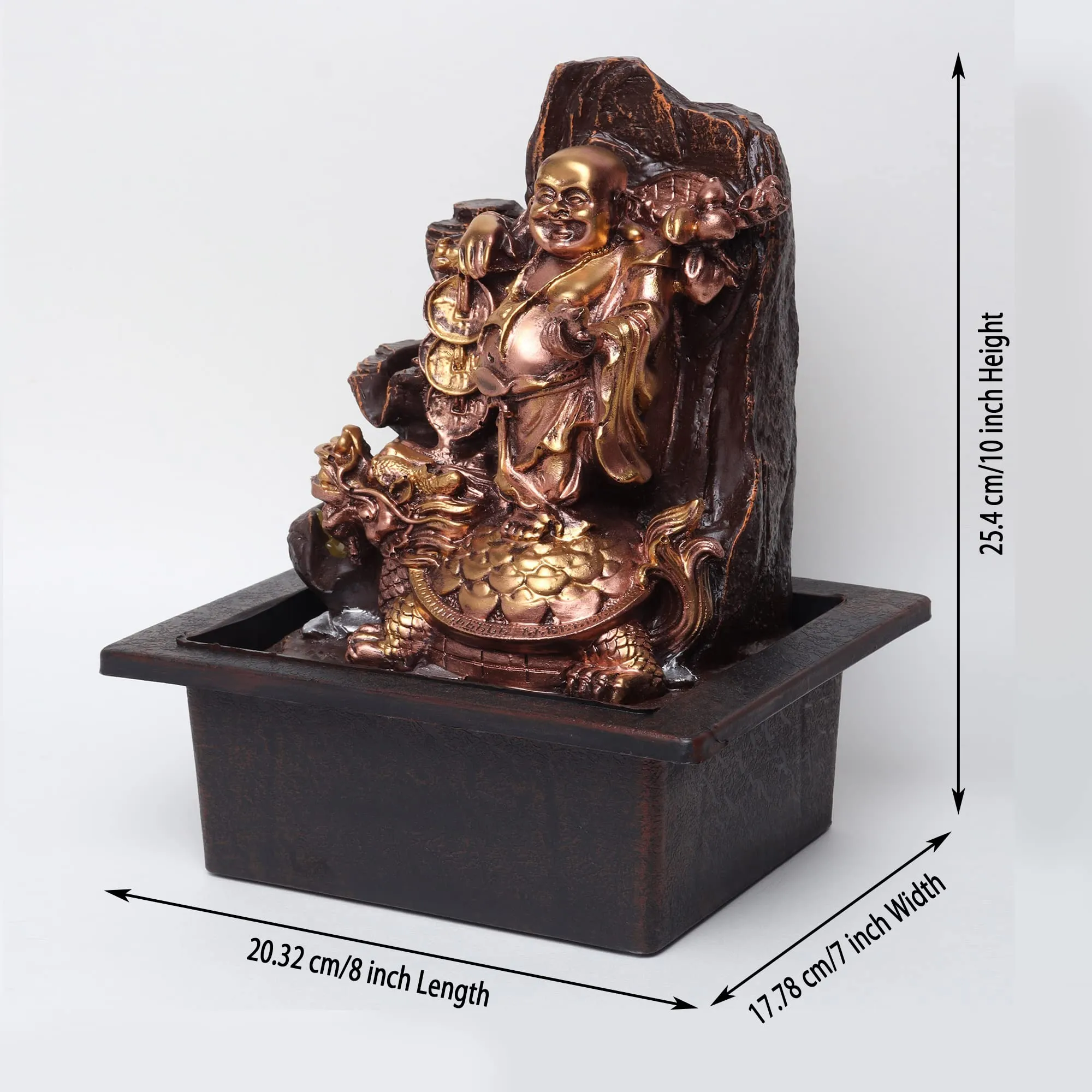 VIVARS Resin Laughing Buddha With Coins And Money Bag Tabletop Waterfall Fountain With Led Light For Indoor Home Office Decor Golden-Brown