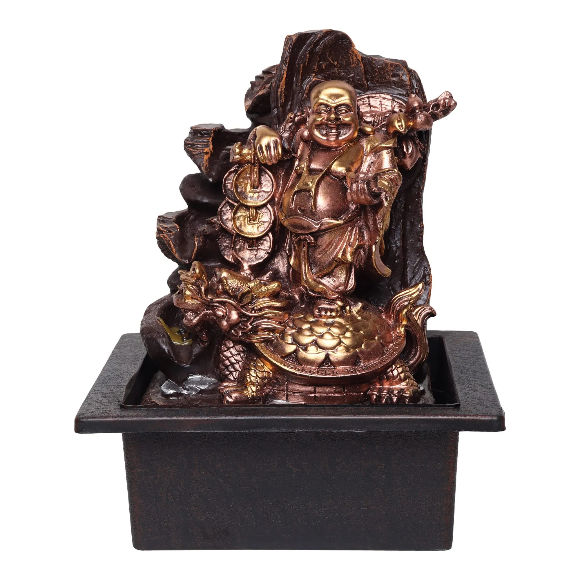 VIVARS Resin Laughing Buddha With Coins And Money Bag Tabletop Waterfall Fountain With Led Light For Indoor Home Office Decor Golden-Brown