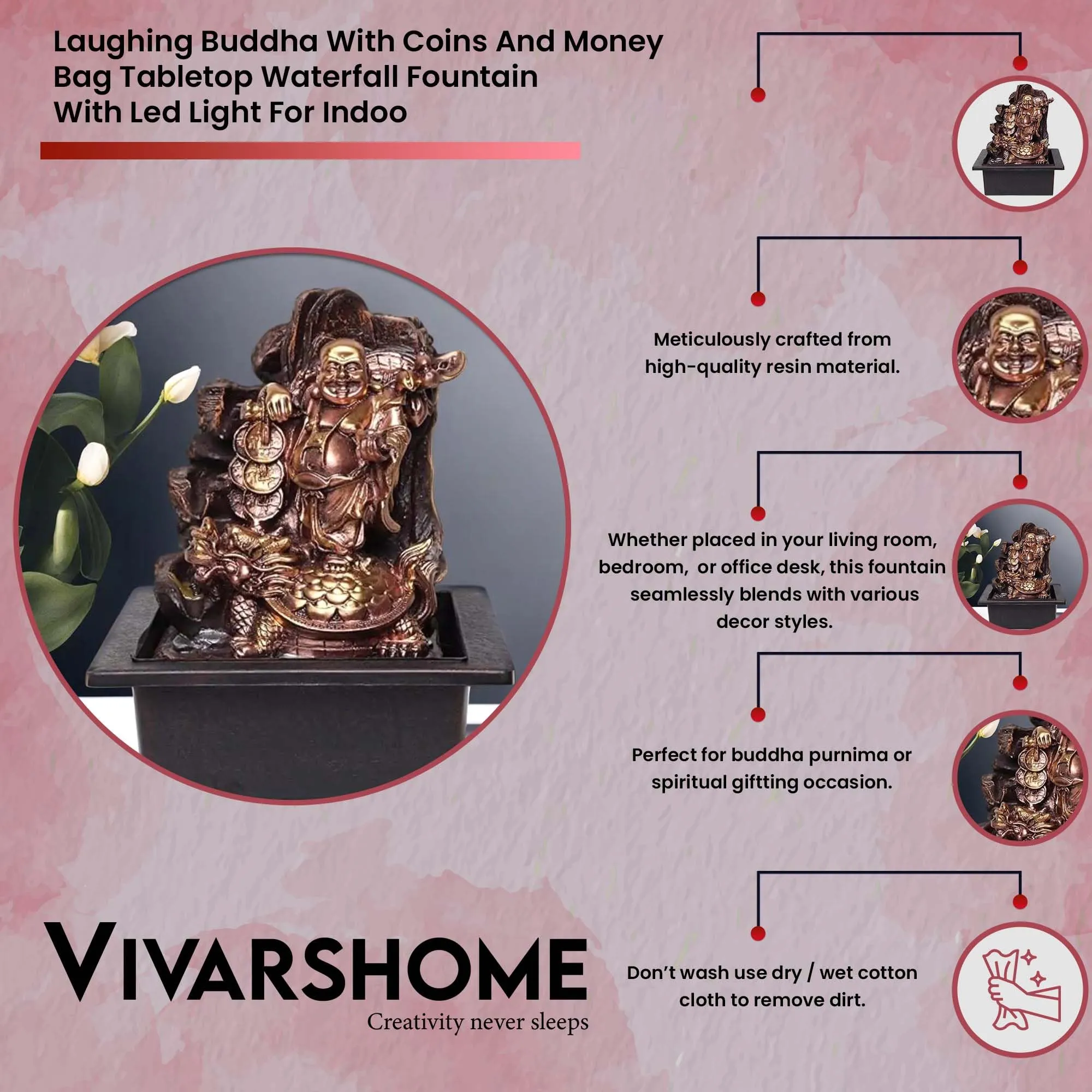 VIVARS Resin Laughing Buddha With Coins And Money Bag Tabletop Waterfall Fountain With Led Light For Indoor Home Office Decor Golden-Brown