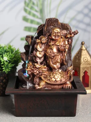 VIVARS Resin Laughing Buddha With Coins And Money Bag Tabletop Waterfall Fountain With Led Light For Indoor Home Office Decor Golden-Brown