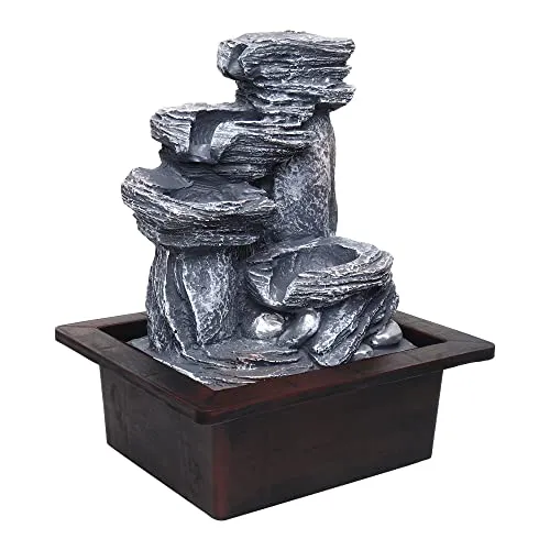 VIVARS Tabletop Water Fountain, Environmental Resin Meditation Fountain, Desktop 4-Tier Fountain, Indoor Waterfall Feature with Light for Home Office Decor Relaxation (Waterfall-1) Grey