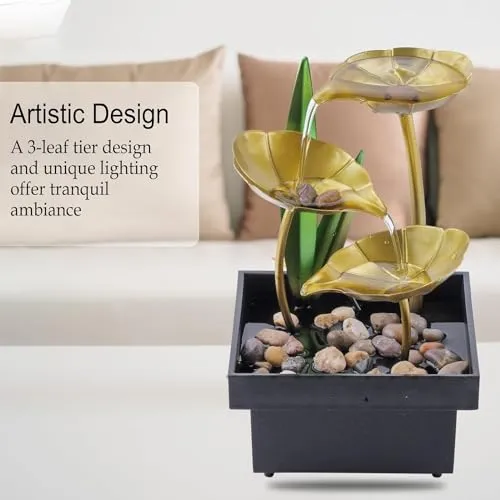 ZOMBIO Metal Tabletop Water Fountains for Home Decor Ornaments with Leaf Waterfall Fountain Indoor, Natural River Rocks. Zen Relaxation Water Fountain for Office, Living Room, Bedroom and Gifts